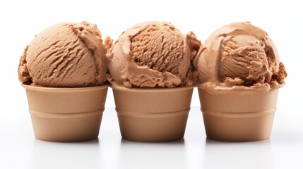 Poster - Close-up realistic photo of three scoops of hazelnut gelato on a white background Generative AI