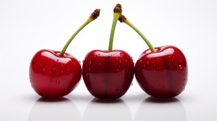 Aufkleber - Close-up realistic photo of three sweet, ripe red cherries on a white background Generative AI