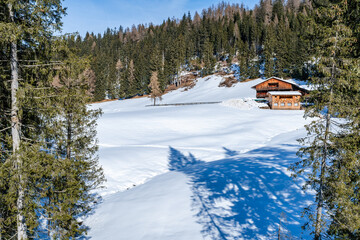 Wall Mural - Winter landscape with snow covered Dolomites in Kronplatz, Italy