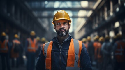 Poster - Generative AI Construction site with a builder leading a safety briefing, ensuring compliance, team members in the backdrop