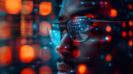 a composite image of an african man showcasing the various applications of facial recognition techno