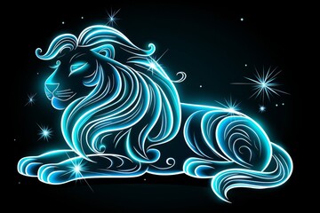 Wall Mural - Illuminated leo zodiac sign in blue on black background, vector illustration with a stylish design.