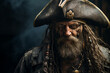 A Swashbuckling Portrait of a Sea-Weathered Pirate Captain, adorned in tattered yet regal attire, featuring a weather-beaten tricorn hat, an eye patch, and a gleaming cutlass
