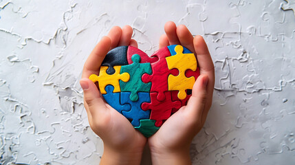 Child's hands holding a multicolored ball made up with puzzle pieces on dark blue background. The symbol of Autism awareness day.