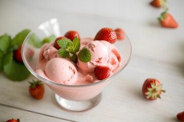 Poster - homemade strawberry ice cream on a stick in a plate with strawberries