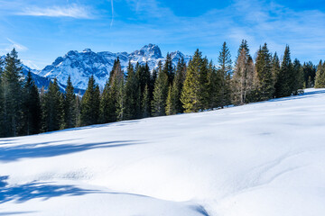 Wall Mural - Winter landscape with snow covered Dolomites in Kronplatz, Italy