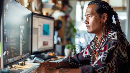 A focused man sits at his desk, his face illuminated by the glowing computer screen as he types away, lost in a world of digital text and technology