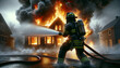Firefighters battle a burning house. Firefighters extinguish a burning house.