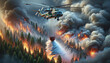 A firefighting plane extinguishes a burning forest. The plane drops water on the burning forest.