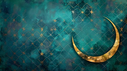 golden crescent on a starry teal background. mystical night sky digital artwork. elegant celestial t