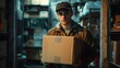 Young delivery man with package in a dark storeroom. focused worker in a cap carrying a box. everyday hero of logistics. simple, effective imagery for multiple uses. AI