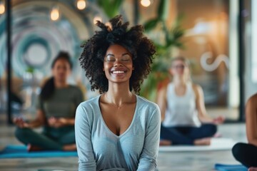 a group of women are seated in a yoga class, focusing on their breathing and yoga poses as they find