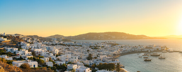 Poster - Sunset skyline panorama of  Mykonos town. Greece