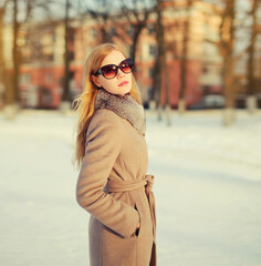 Wall Mural - Beautiful blonde young woman posing in sunglasses, winter coat outdoors in park