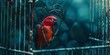 Captivating red parrot perched in a metal cage, a symbol of captivity and beauty. exotic bird in a confined space. AI