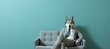 Anthropomorphic wolf in business suit working in office, studio shot with copy space on plain wall.