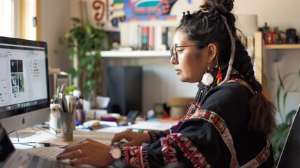 Poster - A focused woman, clad in professional attire, sits at her computer desk indoors, typing away at her keyboard while her face reflects determination and concentration