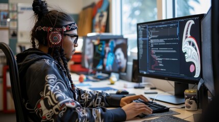Aufkleber - A focused individual types away at their computer, surrounded by technology and personal items, immersed in the world of text and productivity