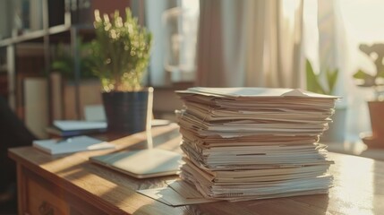 Aufkleber - A cluttered workspace with a book, vase, houseplant, and flowerpot atop a stack of papers on a table in an indoor setting, showcasing a busy yet cozy aesthetic