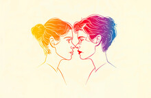 Greeting Card Lesbian Visibility Day. Neon Bright Rainbow Portrait Of Two Women On Beige Background. Horizontal Mockup. Design For Postcard. AI Generated. LGBT Pride Month