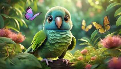 3D rendering baby parrot, cute big eyes, lush greenery in a garden full of butterflies