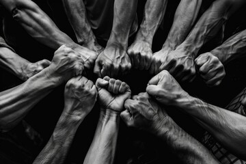 concept of unity and strength illustrated by fists put together. black and white image