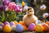 Fototapeta Zwierzęta - One little duckling between easter eggs in springtime outdoor