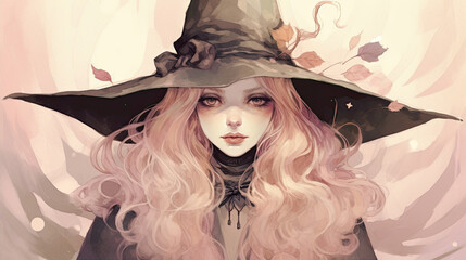 Illustration of a witch in halloween in blush tones