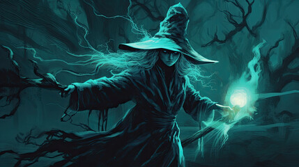 Illustration of a witch in halloween in dark cyan tones