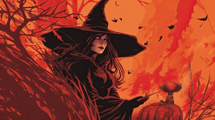 Illustration of a witch in halloween in light red tones