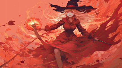 Illustration of a witch in halloween in light red tones