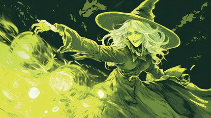 Illustration of a witch in halloween in light lime tones