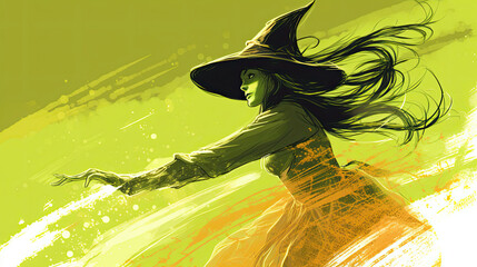 Illustration of a witch in halloween in light lime tones