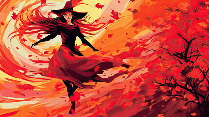 Wall Mural - Illustration of a witch in halloween in vivid red tones