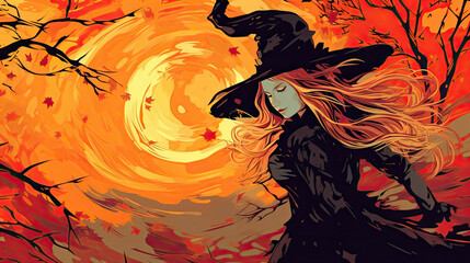 Wall Mural - Illustration of a witch in halloween in vivid orange tones