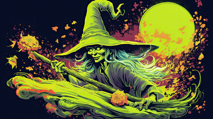 Wall Mural - Illustration of a witch in halloween in vivid lime tones