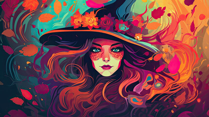 Wall Mural - Illustration of a witch in halloween in colorful tones