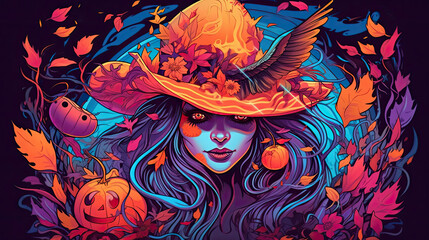 Wall Mural - Illustration of a witch in halloween in colorful tones