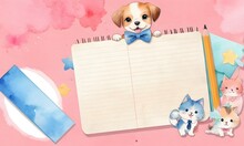 A Pink Dog And A Cat Are Happily Sitting On Top Of A Rectangle Notebook With A Creative Arts Pattern. They Are Surrounded By Toys And Fictional Characters