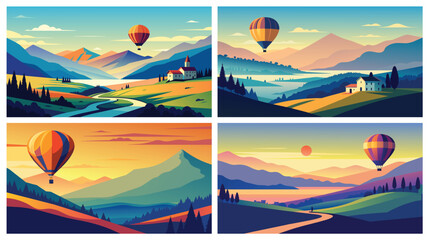 Hot Air Balloons Soaring Over Scenic Countryside at Different Times of Day