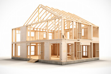 house frame model, wooden framework, construction house, white background