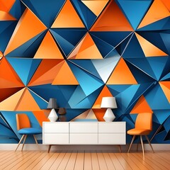 Canvas Print - Wall background banner art, abstract blue-orange geometric futuristic technology texture with triangle-shaped 3D shapes, backdrop for web design, wallpaper