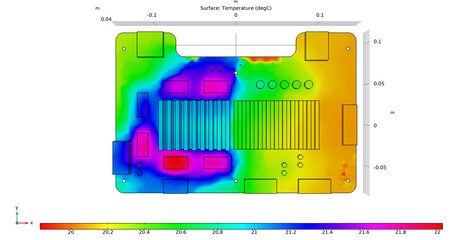 Wall Mural - Computer 3d modeling of temperature distribution 
on surface of printed circuit
board of electronic device and its components. 
Thermal analysis.