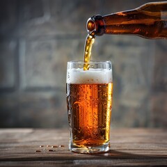 Wall Mural - A slowly pouring the fresh amber beer from the bottle into the beer glass on the wooden table