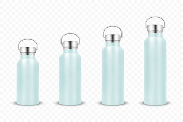 Wall Mural - Vector Realistic 3d Blue Color Metal or Plastic Blank Glossy Reusable Water Bottle Set with Silver Bung Closeup Isolated on White Background. Design Template of Packaging Mockup. Front View