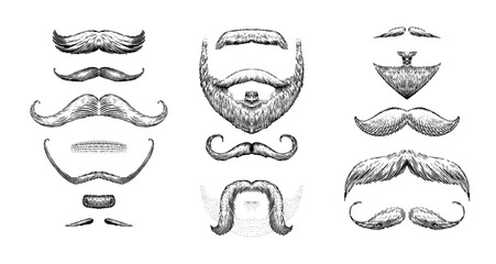 A set of moustache and beards on a white background. Hipster and retro barber or hairdresser. Engraved hand drawn in old sketch, vintage style for packaging and signage.