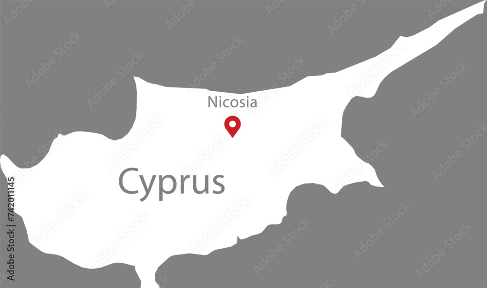 White Map of Cyprus with location marker of the capital and inscription ...