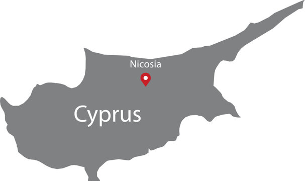 Gray Map of Cyprus with location marker of the capital and inscription of the name of the country and the capital inside map