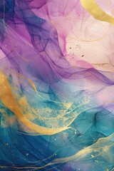 Poster - Dynamic Swirling Watercolor Background: Jewel Tones and Pastels with Gold Leaf Accents and Grunge Texture, Ideal for Desktop Wallpaper