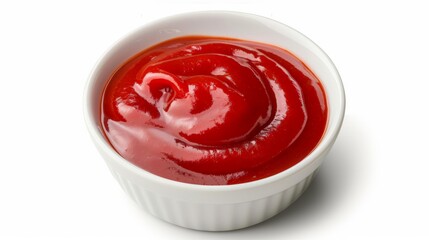 Wall Mural - Delicious top view ketchup in white bowl isolated on white background. Portion of tomato sauce with clipping path. One of the collection of various sauces